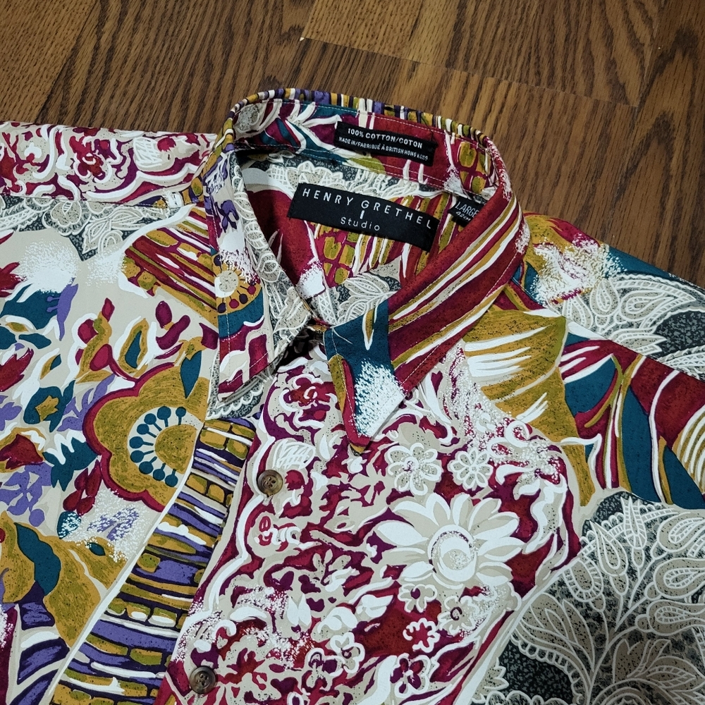 Vintage 80s HENRY GRETHEL Floral ABSTRACT Paisley Print Button-up Collared Shirt - Picture 12 of 15